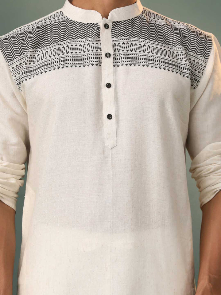 Sarvati Men's Cream Jacquard Cotton Kurta Pyjama Set