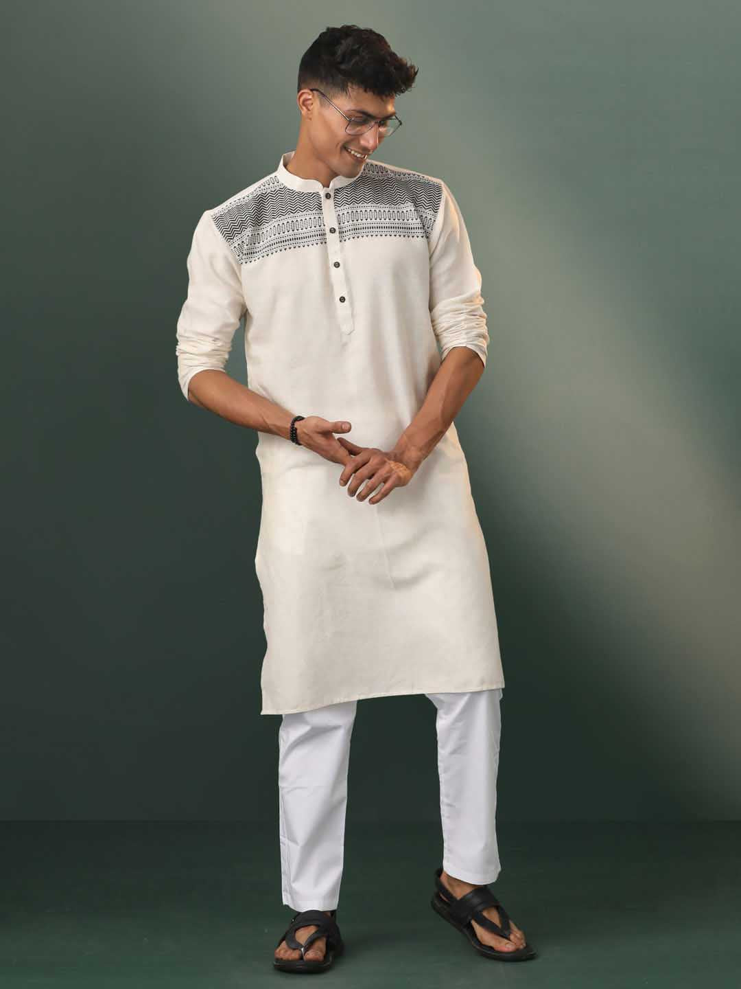 Sarvati Men's Cream Jacquard Cotton Kurta Pyjama Set