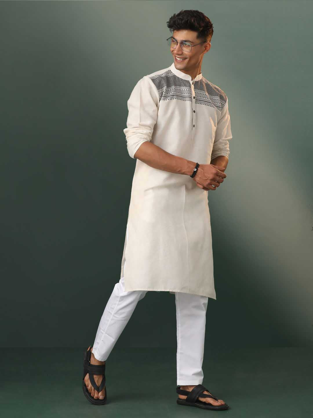 Sarvati Men's Cream Jacquard Cotton Kurta Pyjama Set