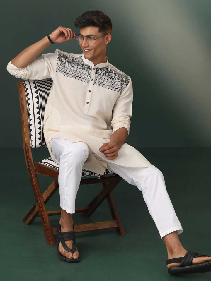 Sarvati Men's Cream Jacquard Cotton Kurta Pyjama Set