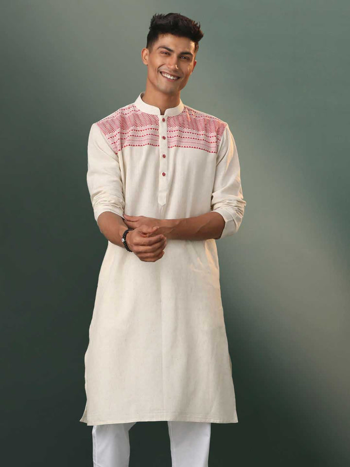 Sarvati Men's Cream Jacquard Cotton Kurta