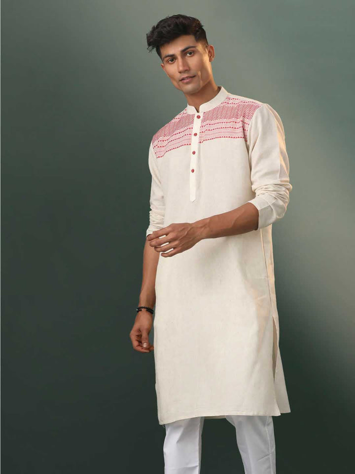 Sarvati Men's Cream Jacquard Cotton Kurta