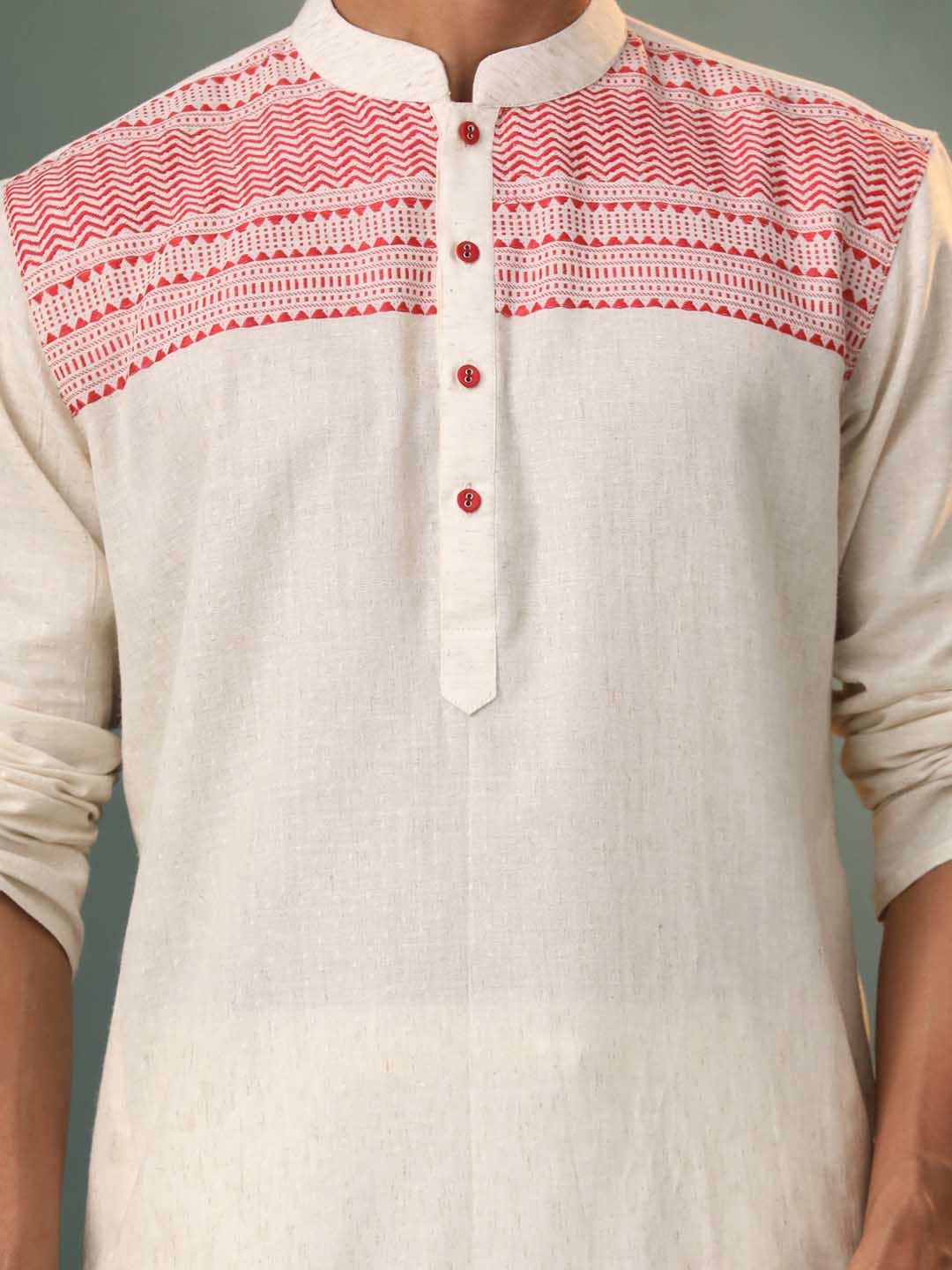 Sarvati Men's Cream Jacquard Cotton Kurta