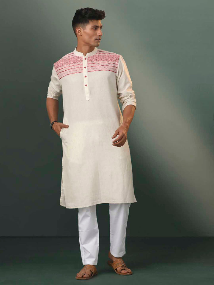 Sarvati Men's Cream Jacquard Cotton Kurta