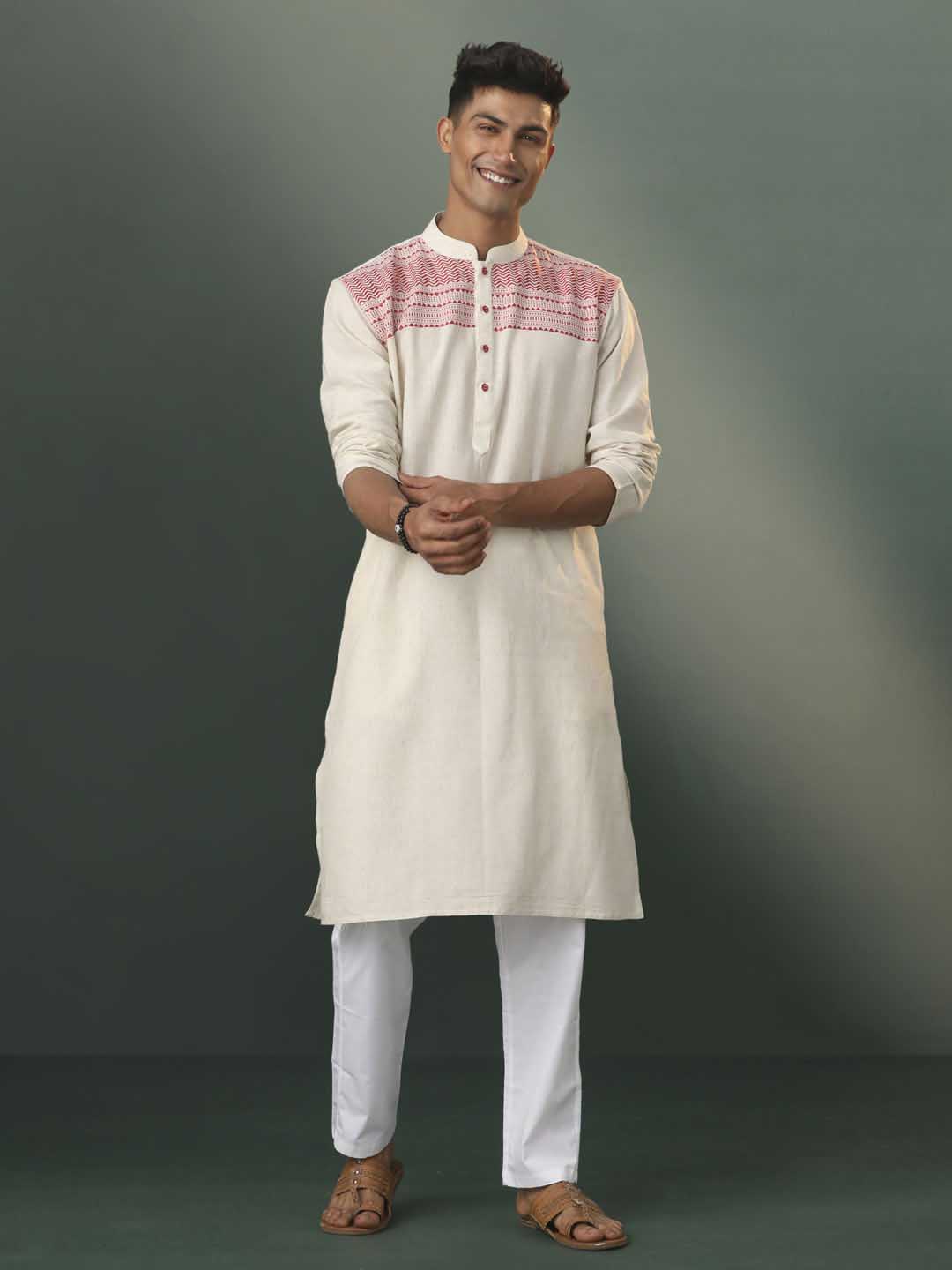 Sarvati Men's Cream Jacquard Cotton Kurta Pyjama Set