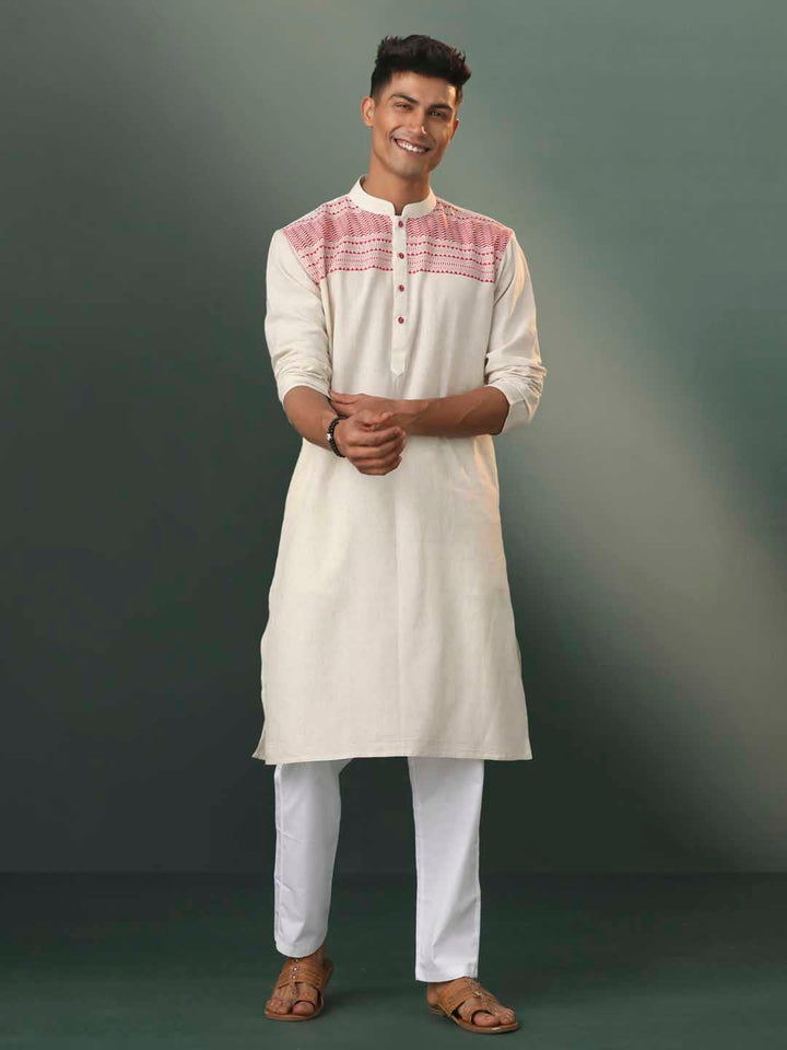 Sarvati Men's Cream Jacquard Cotton Kurta Pyjama Set