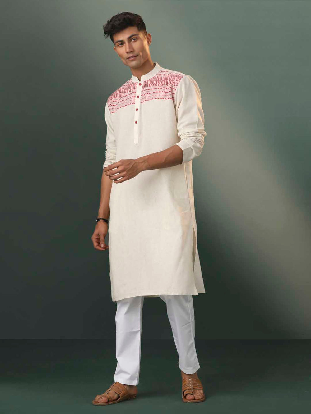 Sarvati Men's Cream Jacquard Cotton Kurta Pyjama Set