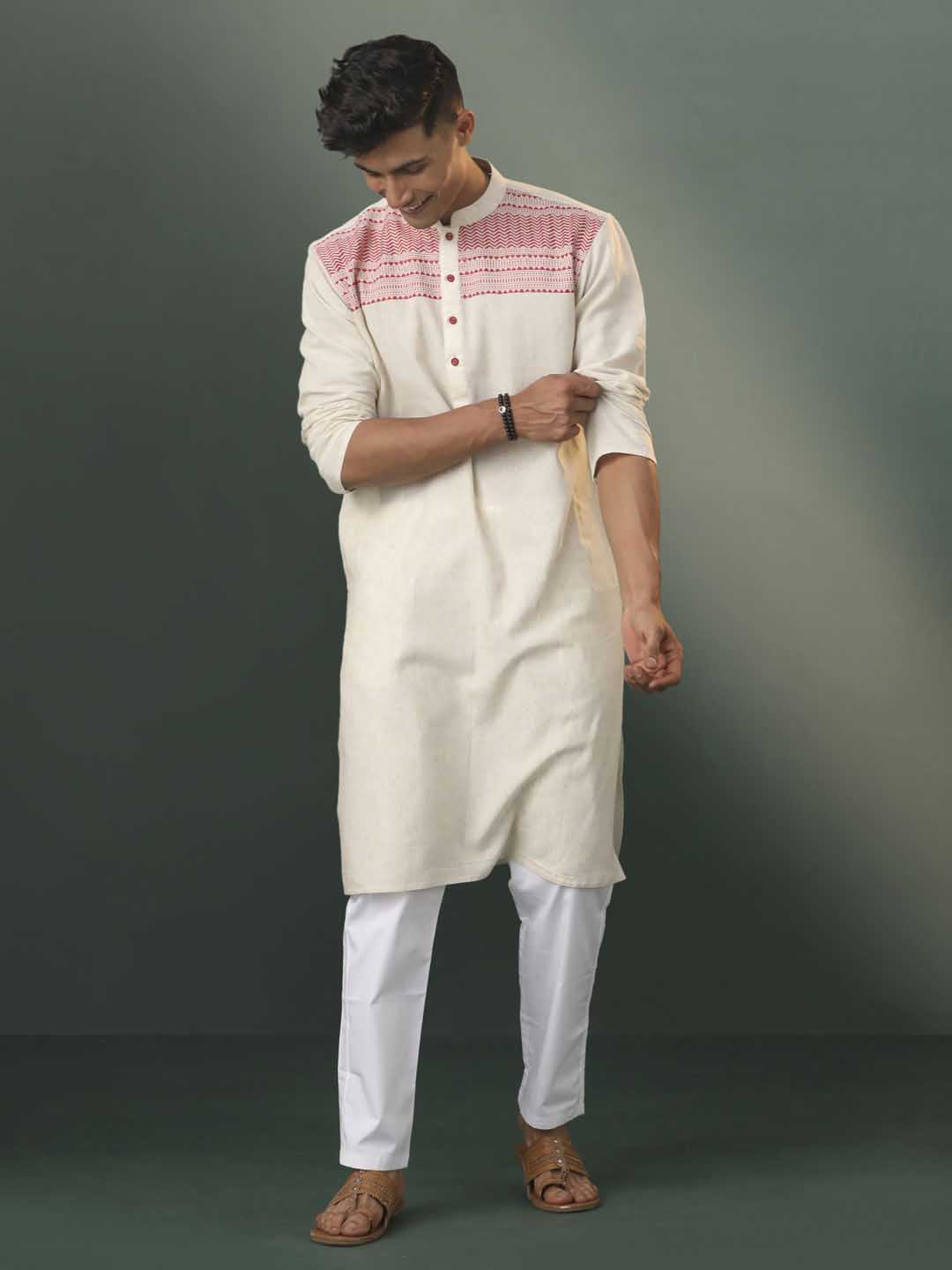 Sarvati Men's Cream Jacquard Cotton Kurta Pyjama Set