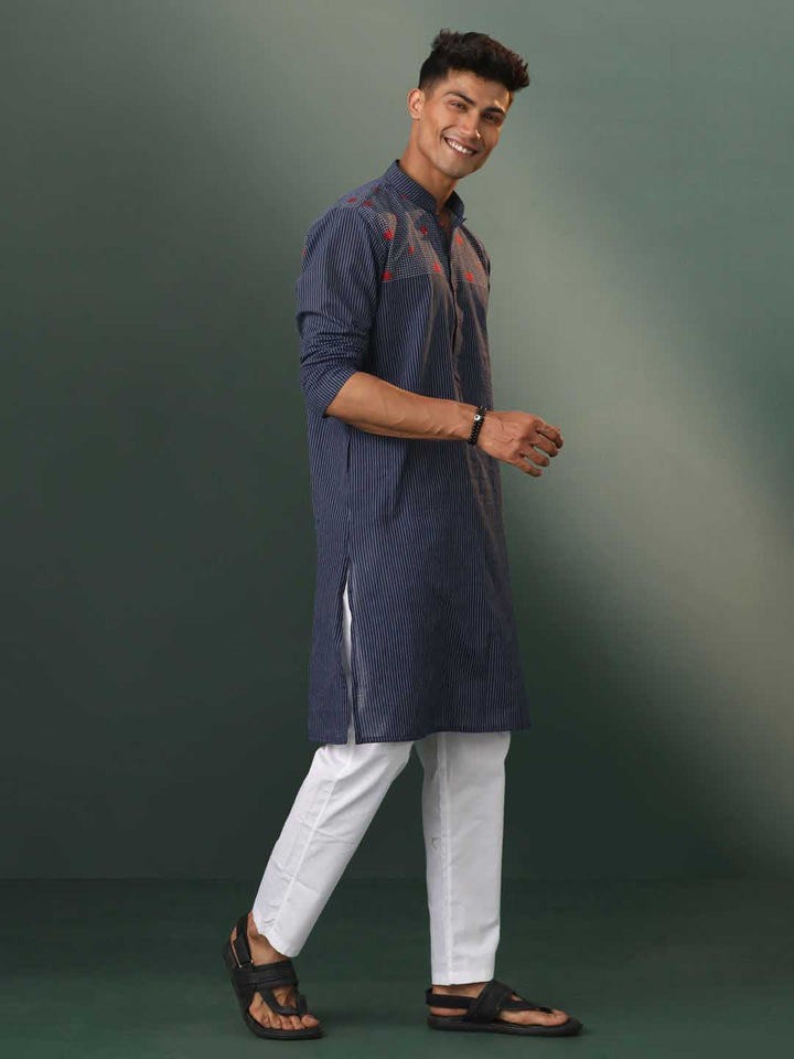 Sarvati Men's Navy Blue Striped Cotton Kurta Pyjama Set