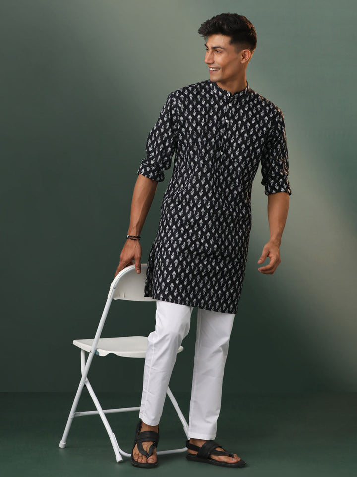 Sarvati Men's Black Color Printed Cotton Kurta and Pyjama Set