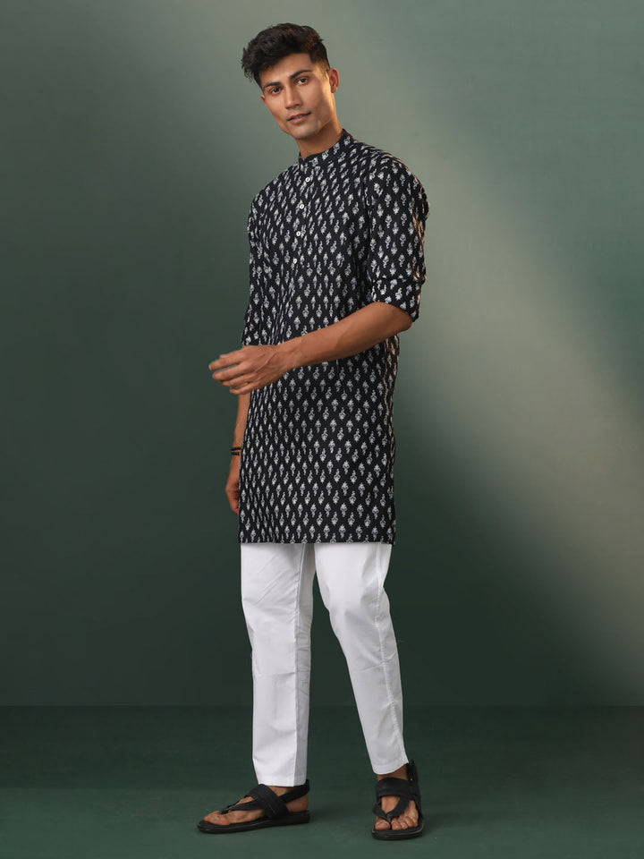 Sarvati Men's Black Color Printed Cotton Kurta and Pyjama Set