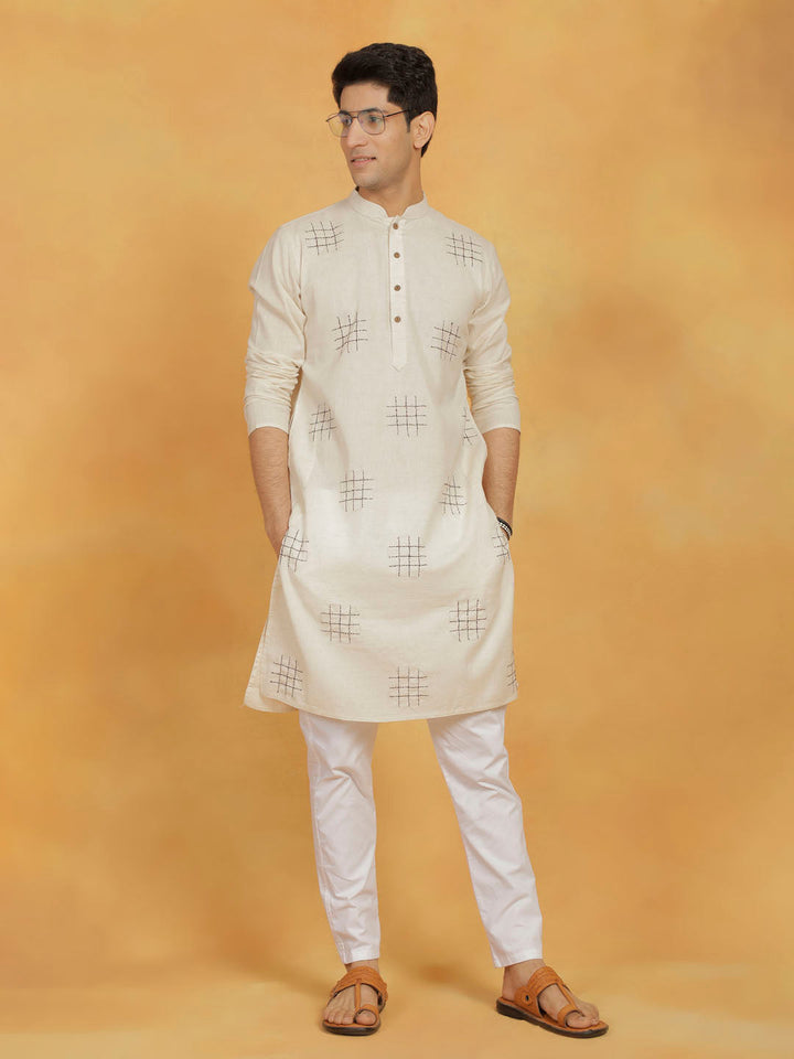 Sarvati Men's Cream And White Cotton Cool Kurta Pyjama Set