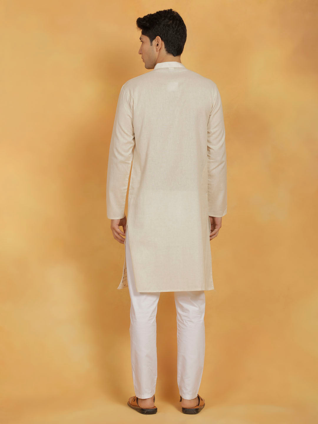 Sarvati Men's Cream And White Cotton Cool Kurta Pyjama Set