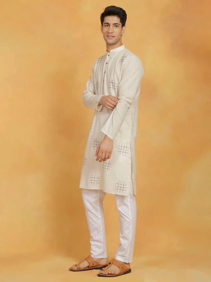 Sarvati Men's Cream And White Cotton Cool Kurta Pyjama Set