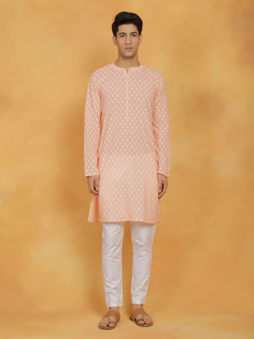 Sarvati Men's Peach And White Cotton Kurta and Pyjama Set