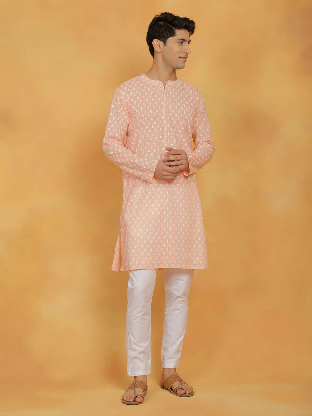 Sarvati Men's Peach And White Cotton Kurta and Pyjama Set