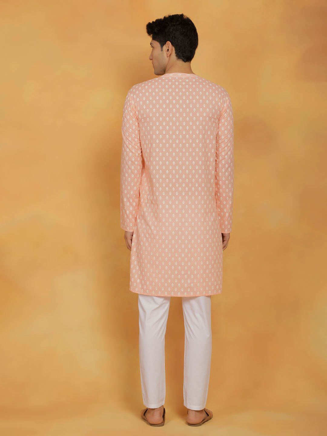 Sarvati Men's Peach And White Cotton Kurta and Pyjama Set