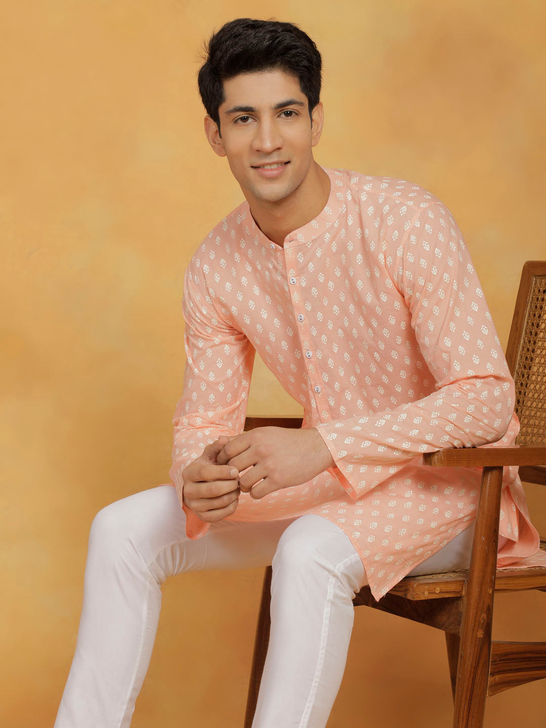 Sarvati Men's Peach And White Cotton Kurta and Pyjama Set