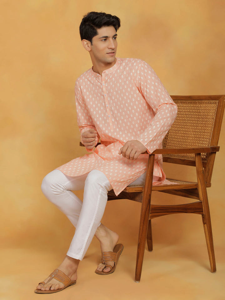 Sarvati Men's Peach And White Cotton Kurta and Pyjama Set