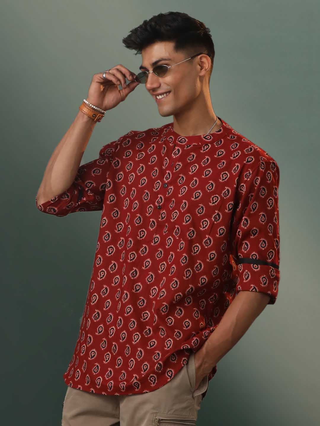 Men's Maroon Ajrakh Print Cotton Short Kurta
