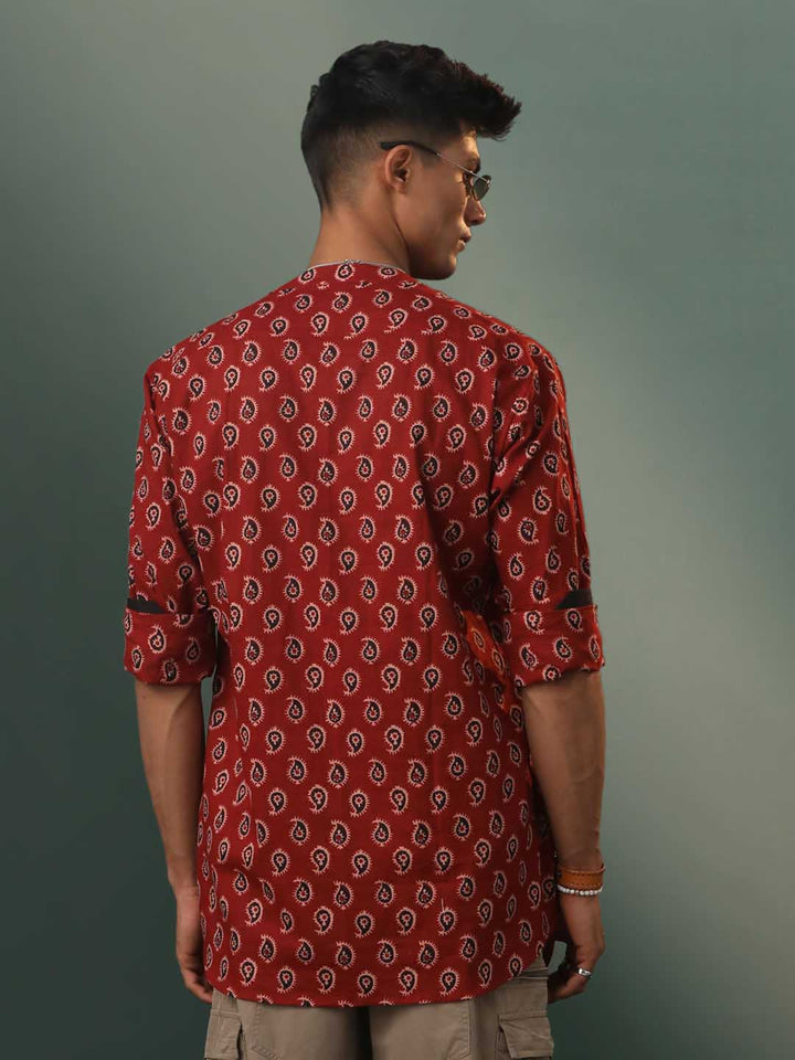 Men's Maroon Ajrakh Print Cotton Short Kurta