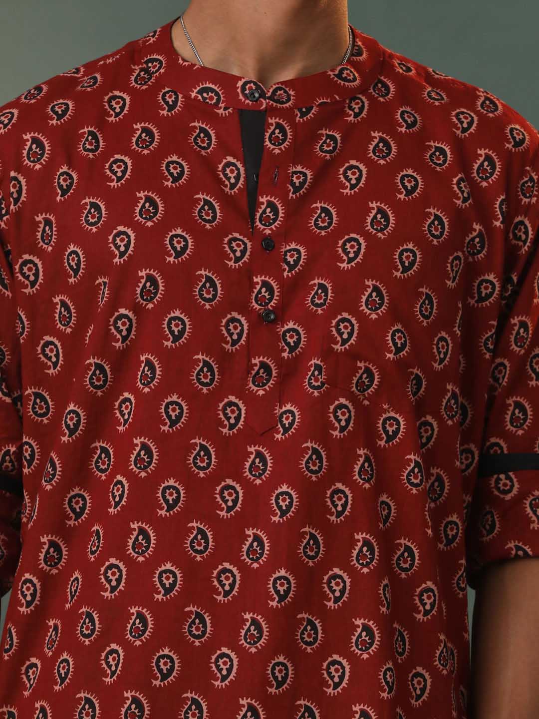 Men's Maroon Ajrakh Print Cotton Short Kurta