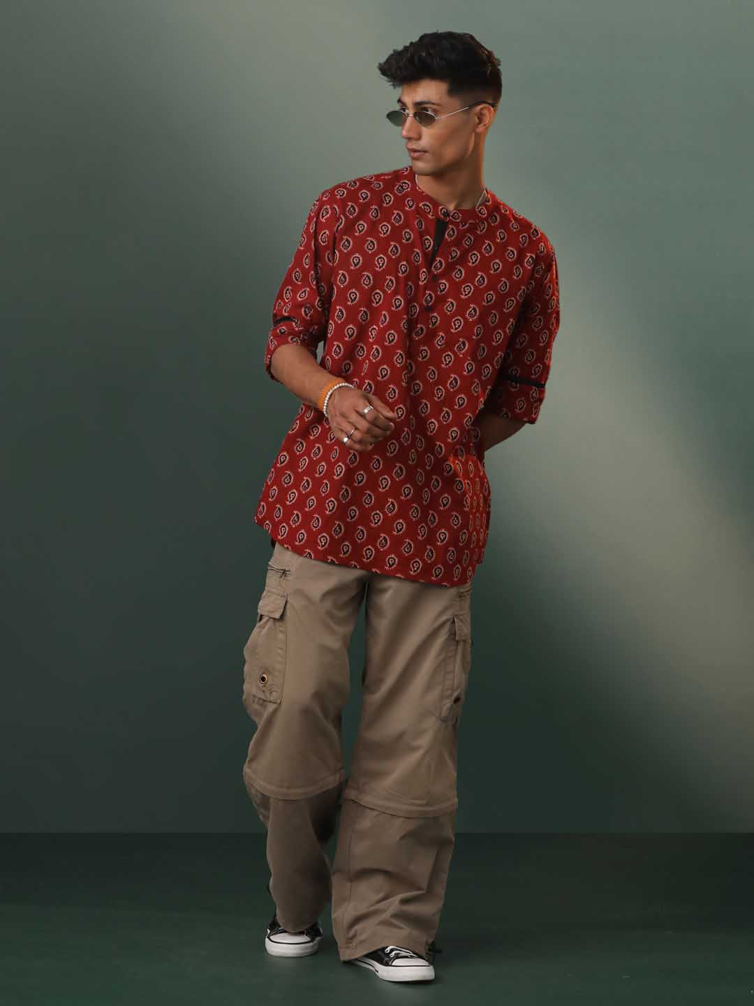 Men's Maroon Ajrakh Print Cotton Short Kurta