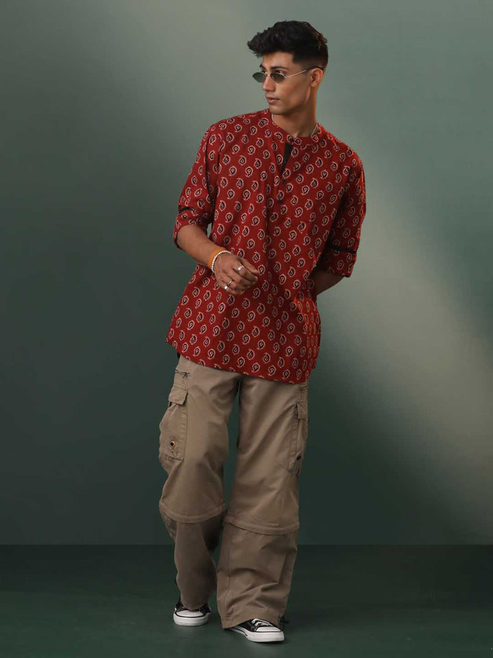 Men's Maroon Ajrakh Print Cotton Short Kurta