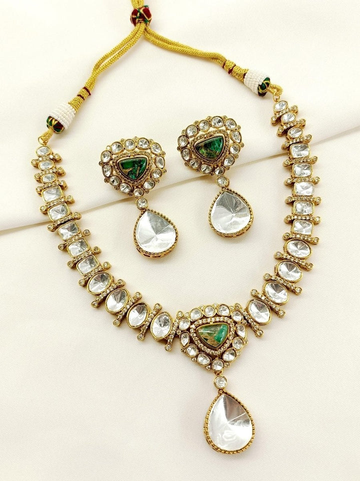 Aadhera Green Kundan Necklace Set - House of Sarvati LLC