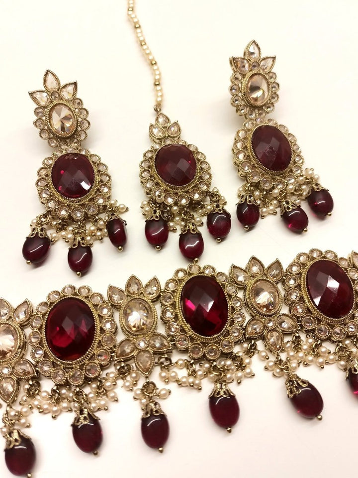 Aadhya Maroon Polki Choker Set - House of Sarvati LLC