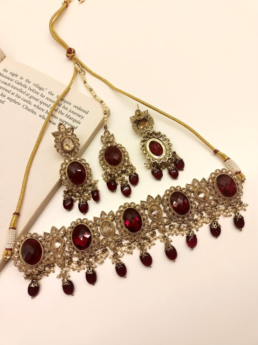 Aadhya Maroon Polki Choker Set - House of Sarvati LLC