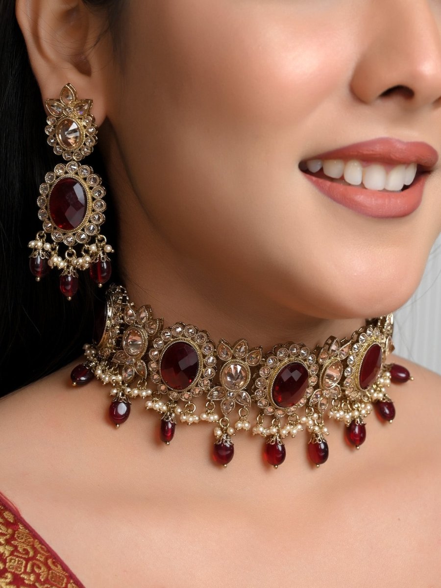 Aadhya Maroon Polki Choker Set - House of Sarvati LLC