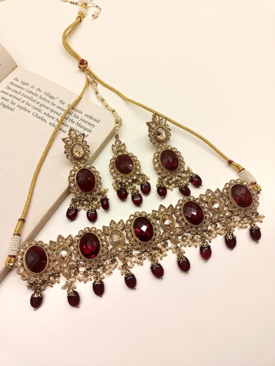 Aadhya Maroon Polki Choker Set - House of Sarvati LLC