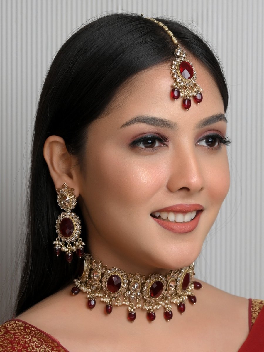 Aadhya Maroon Polki Choker Set - House of Sarvati LLC