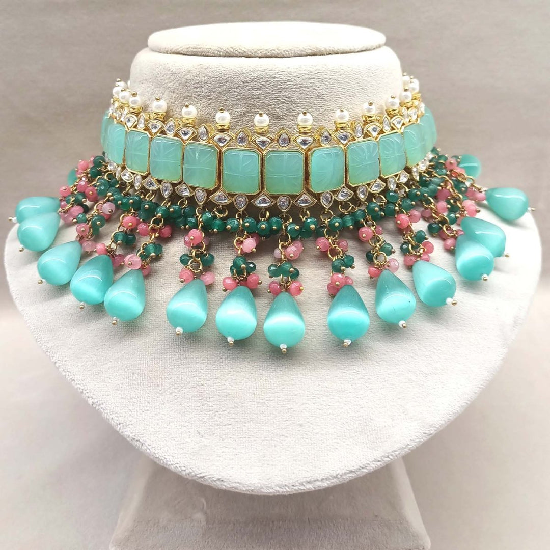 Aafizah Mint Green & Pink Gold Plated Choker Kundan Set - House of Sarvati LLC
