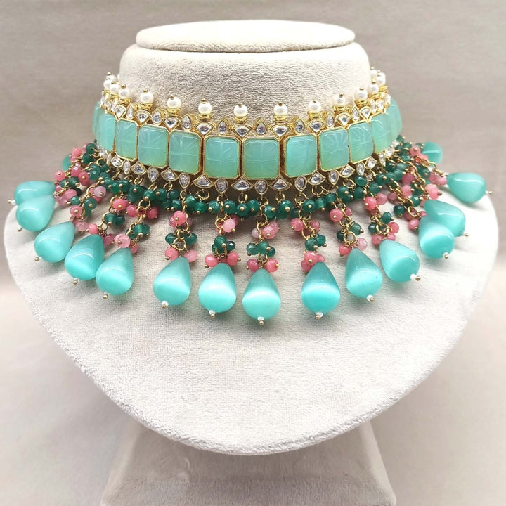 Aafizah Mint Green & Pink Gold Plated Choker Kundan Set - House of Sarvati LLC