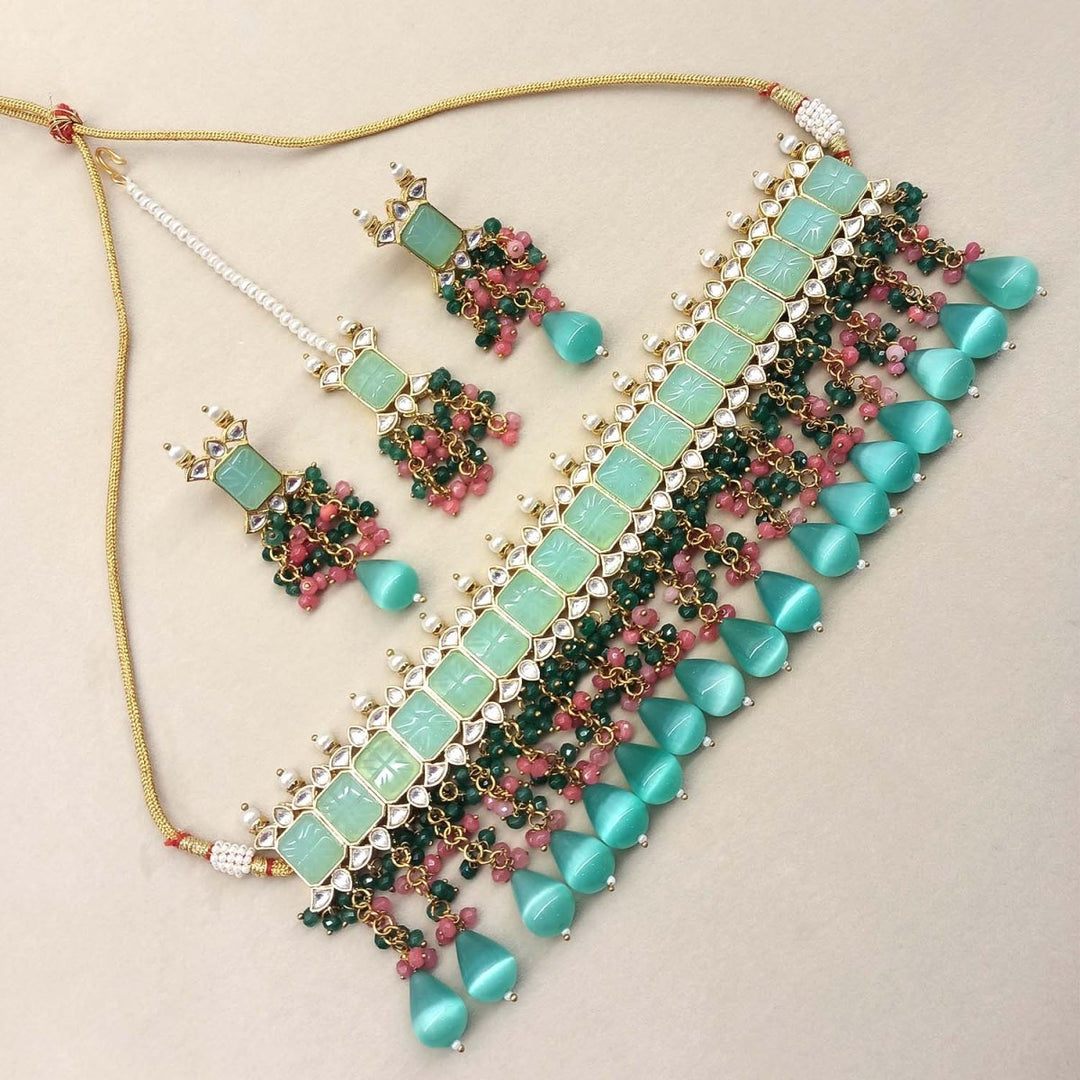 Aafizah Mint Green & Pink Gold Plated Choker Kundan Set - House of Sarvati LLC