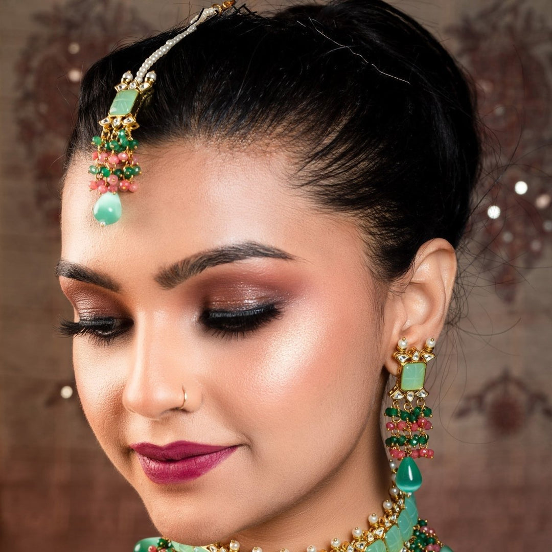 Aafizah Mint Green & Pink Gold Plated Choker Kundan Set - House of Sarvati LLC
