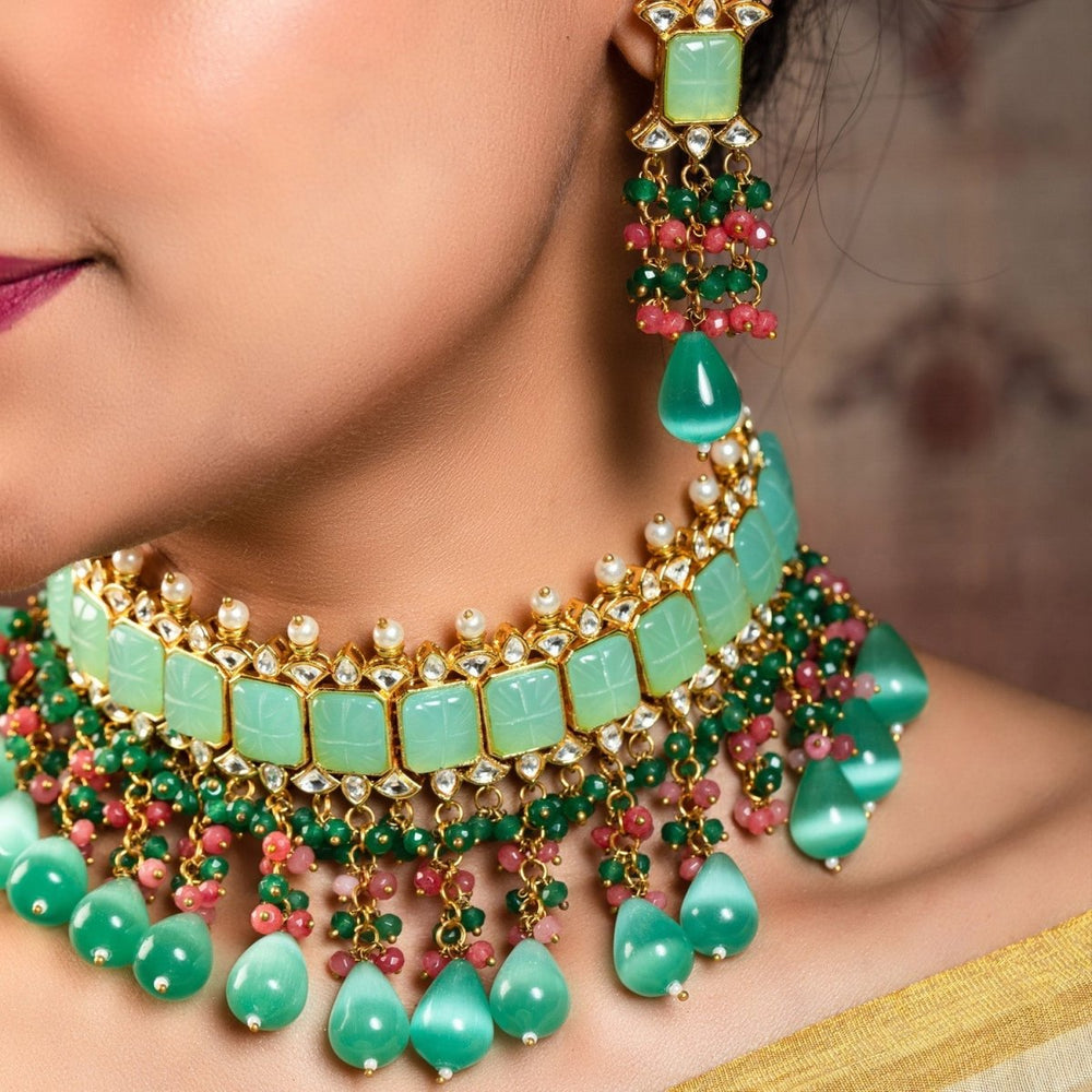 Aafizah Mint Green & Pink Gold Plated Choker Kundan Set - House of Sarvati LLC