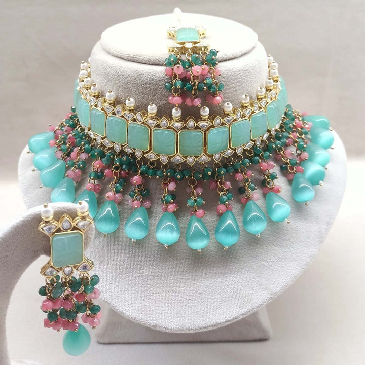 Aafizah Mint Green & Pink Gold Plated Choker Kundan Set - House of Sarvati LLC