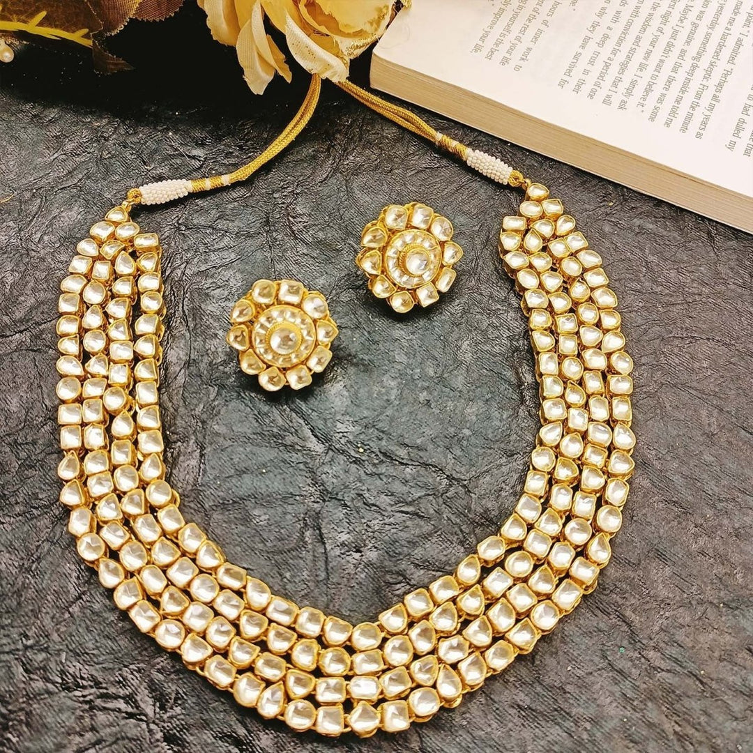 Aamira Golden Coloured Pachi Kundan Long Necklace Set - House of Sarvati LLC