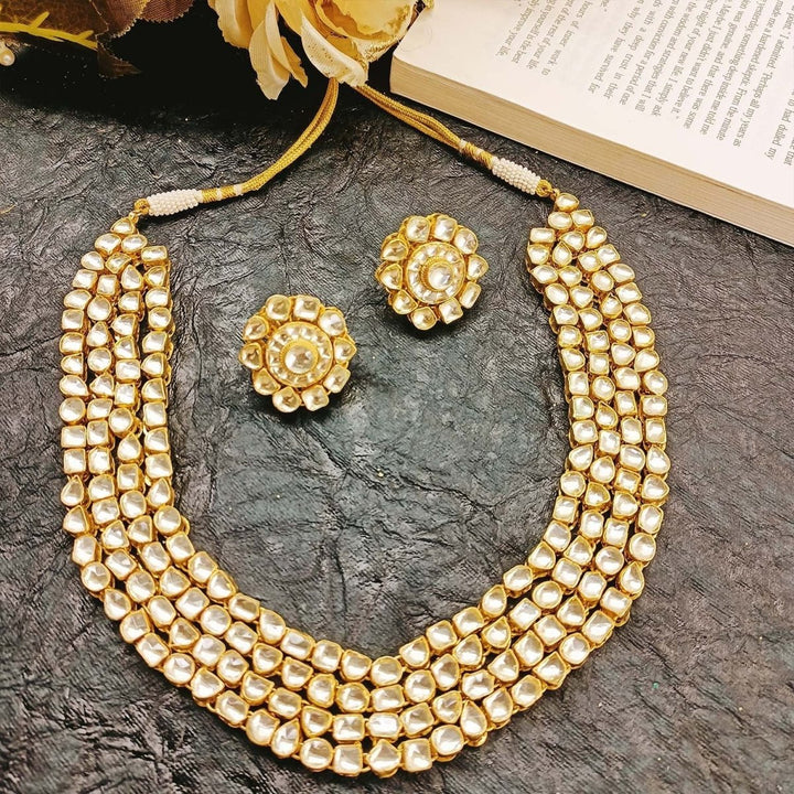 Aamira Golden Coloured Pachi Kundan Long Necklace Set - House of Sarvati LLC