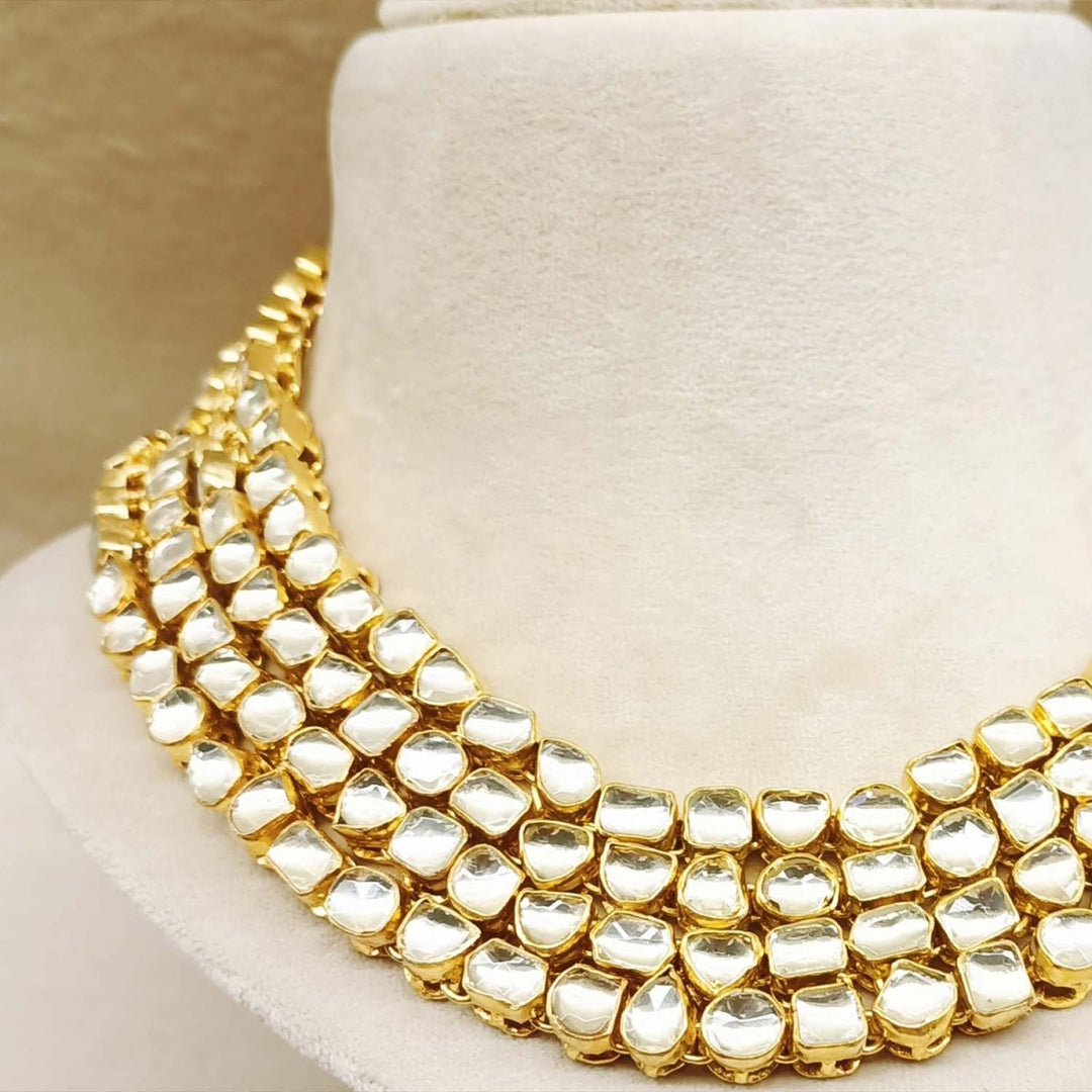 Aamira Golden Coloured Pachi Kundan Long Necklace Set - House of Sarvati LLC