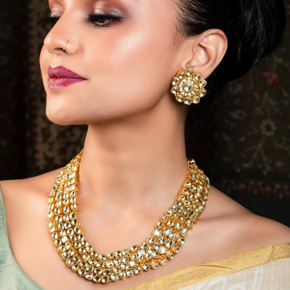 Aamira Golden Coloured Pachi Kundan Long Necklace Set - House of Sarvati LLC
