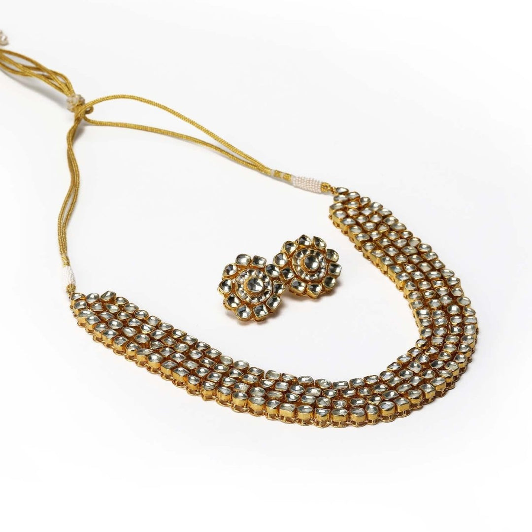 Aamira Golden Coloured Pachi Kundan Long Necklace Set - House of Sarvati LLC
