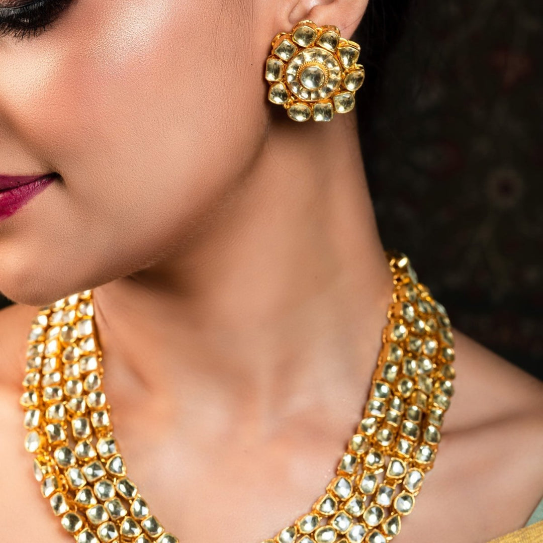 Aamira Golden Coloured Pachi Kundan Long Necklace Set - House of Sarvati LLC