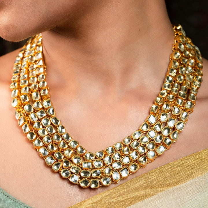 Aamira Golden Coloured Pachi Kundan Long Necklace Set - House of Sarvati LLC