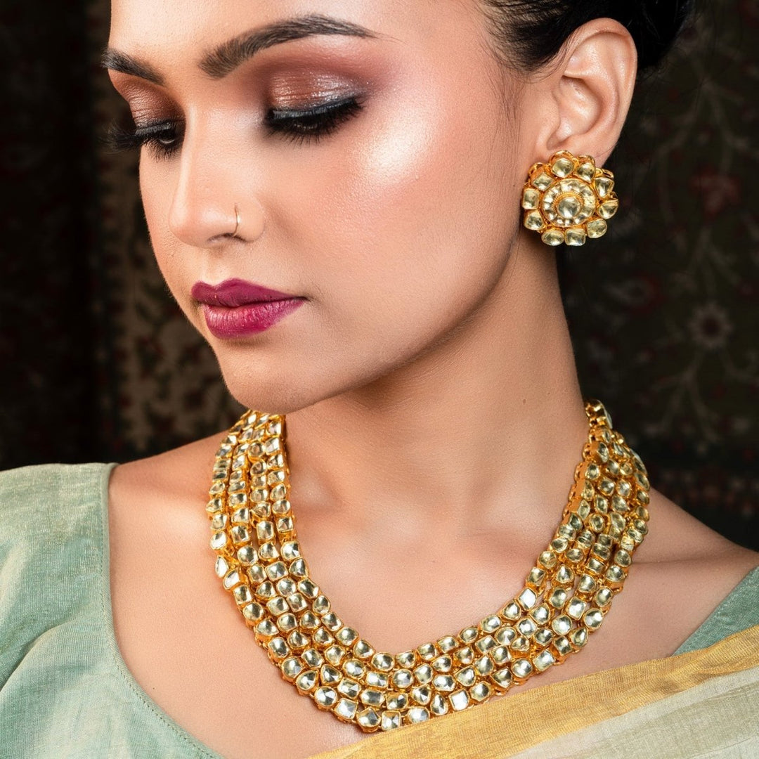 Aamira Golden Coloured Pachi Kundan Long Necklace Set - House of Sarvati LLC