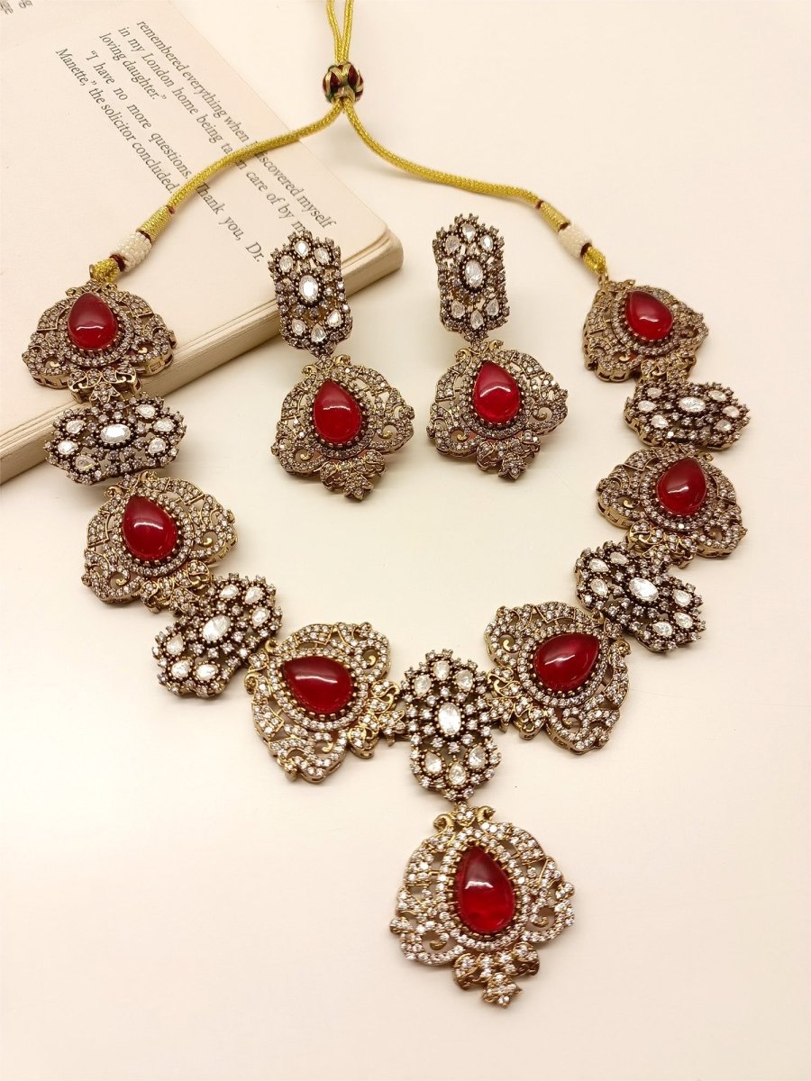 Aarna Red Victorian Necklace Set - House of Sarvati LLC