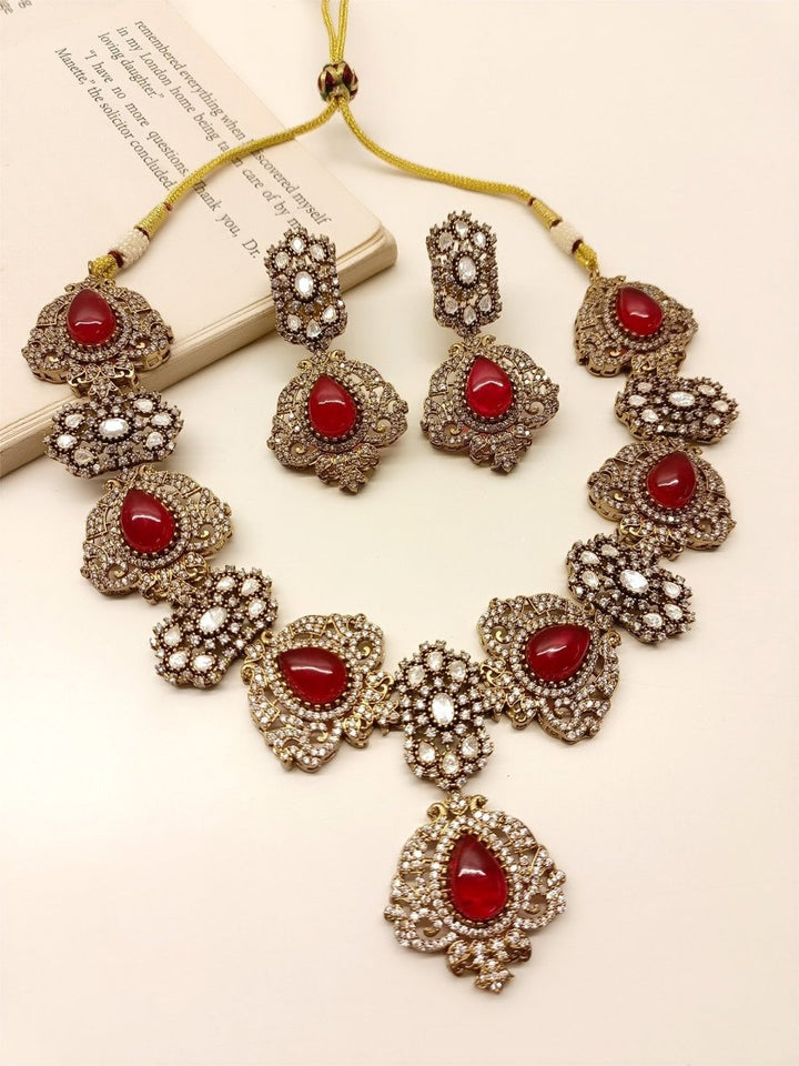 Aarna Red Victorian Necklace Set - House of Sarvati LLC